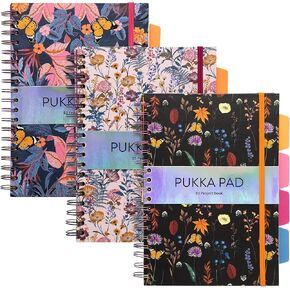 Pukka Pad 5 Subject Spiral Notebook 3-Pack - 200 Pages, 100 Sheets of 80GSM Paper with Repositionable Dividers & Perforated Edges for School & Office Planning & Organization - B5-7 X 10, Bloom