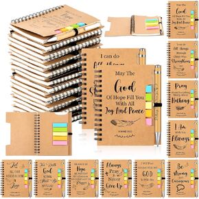 100 Pcs 50 Set Christian Gift Bulk Spiral Notebook with Sticky Note and Bamboo Pen Inspirational Prayer Journal Religious Scripture Notepad Bible Verse Ballpoint Pen for Believers, 10 Styles