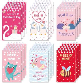 BOXOB 24pcs Valentine's Day Mini Notebook, 6 Styles Funny Cartoon Pattern Spiral Notepads Valentine's Day Gifts Exchange for Kids Theme Party Favor Classroom Reward for Student Teacher