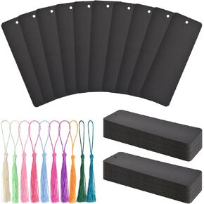WANDIC 60 Pcs Blank Bookmarks, Black Bookmarks with 60 Pcs Colorful Tassels Thick Cardstock Paper Bookmark with Hole for DIY Craft Projects Supplies Gift Tags Book Decor
