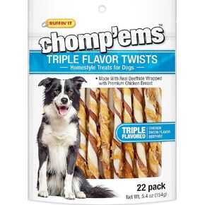 Westminster Pet Products Ruffin' It Chomp'Ems Triple Flavor Twist Chicken Bacon & Beefhide Snack, 5.4 Oz