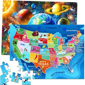 Puzzles for Kids Ages 4-6 – 2 x 60 Pieces Puzzles for Kids Ages 6-8 5-8 – United States Puzzle & Solar System Floor Puzzle –2 Packs Educational Learining Toys for Boys and Girls