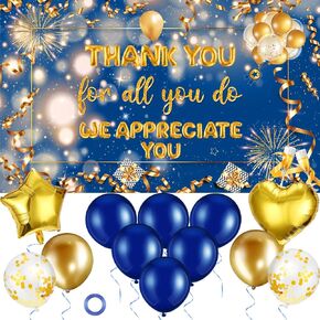 14 Pcs We Appreciate You Banner Backdrop with Balloon and Ribbon, Thank You Banner, Employee Pastor Veterans Teacher Doctor Nurse Staff Graduation Appreciation Party Decoration (Thank You)