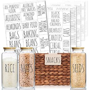 Hygge & Sage Pantry Labels for Containers Preprinted - 192 Waterproof Labels, Durable, Removable Kitchen Stickers, Clear With Black Print, Perfect for Use On Basket Labels, in Pantry, and Refrigerator