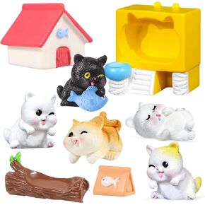 10Pack Mini Cat Figures Cake Toppers,Cartoon Kitty with House Fish Characters Toys Miniature Fairy Garden Decor for Kids Birthday Baby Shower Dollhouse Decoration