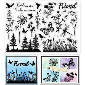 GLOBLELAND Plant and Flower Silhouettes Clear Stamps for Cards Making Butterfly and Dragonfly Clear Stamp Seals Transparent Stamps for DIY Scrapbooking Photo Album Journal Home Decoration