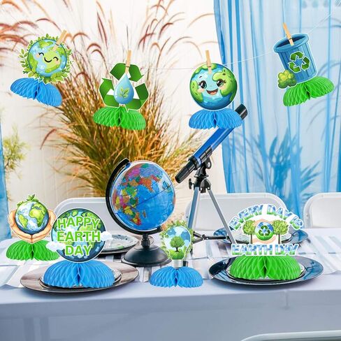 Funmemoir Happy Earth Day Decoration ، 8pcs Happy Earth Day Honeycomb Conceriece Pecortial Protectal Protection Table Decoration for Earth Day Planet Eco Nature Party Decoration in Kuwait