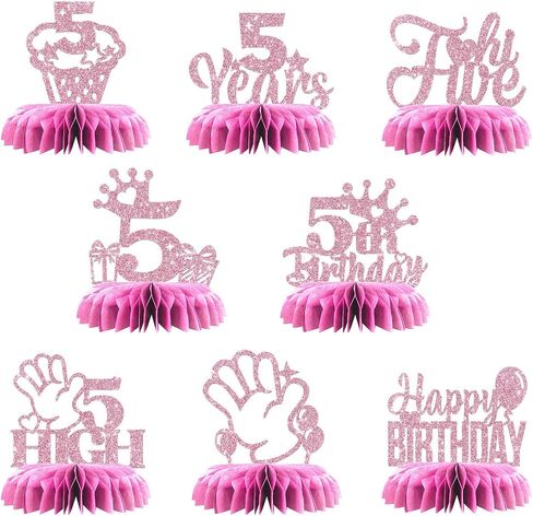 Maicaiffe 5th Birthday Table Honeycomb Centerpieses Decorations - Glitter 8 Pcs High Five Birthday Party Table Toppers Decor - Hello Five - Girl 5th Birthday Party Decoration Supplies in Kuwait