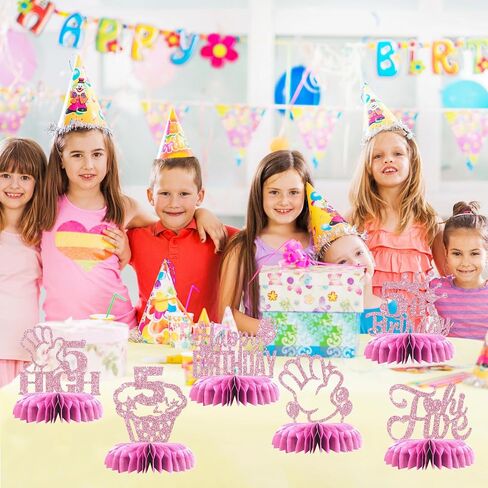 Maicaiffe 5th Birthday Table Honeycomb Centerpieses Decorations - Glitter 8 Pcs High Five Birthday Party Table Toppers Decor - Hello Five - Girl 5th Birthday Party Decoration Supplies in Kuwait