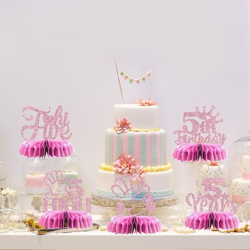 Maicaiffe 5th Birthday Table Honeycomb Centerpieses Decorations - Glitter 8 Pcs High Five Birthday Party Table Toppers Decor - Hello Five - Girl 5th Birthday Party Decoration Supplies in Kuwait