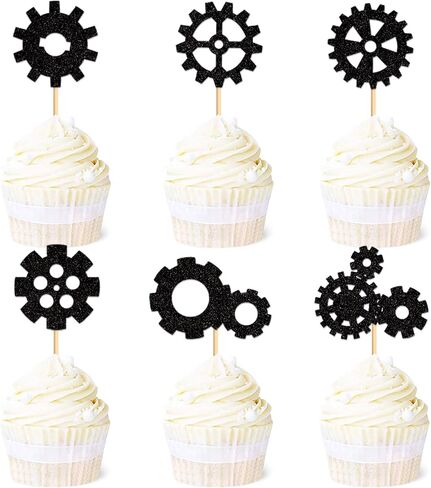 Ercadio 24 Pack Robot Gears Cupcake Toppers Black Cartoon Robot Gears Cupcake Toppers Picks Robot Gear Happy Birthday Cake Decor for Robot Theme Boys Birthday Baby Shower Party Supplies in Kuwait