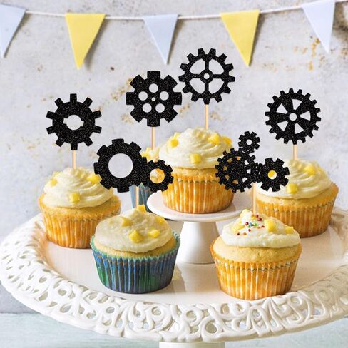 Ercadio 24 Pack Robot Gears Cupcake Toppers Black Cartoon Robot Gears Cupcake Toppers Picks Robot Gear Happy Birthday Cake Decor for Robot Theme Boys Birthday Baby Shower Party Supplies in Kuwait