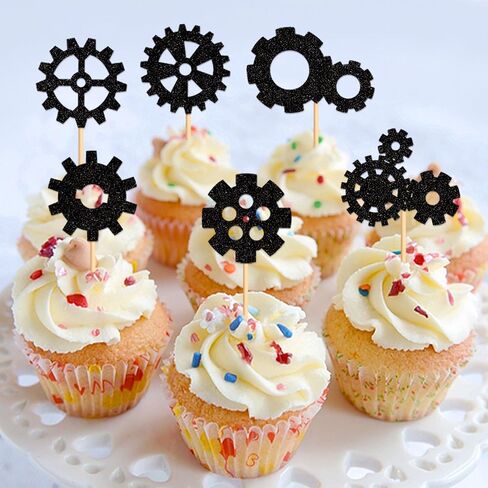Ercadio 24 Pack Robot Gears Cupcake Toppers Black Cartoon Robot Gears Cupcake Toppers Picks Robot Gear Happy Birthday Cake Decor for Robot Theme Boys Birthday Baby Shower Party Supplies in Kuwait