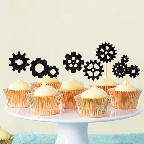 Ercadio 24 Pack Robot Gears Cupcake Toppers Black Cartoon Robot Gears Cupcake Toppers Picks Robot Gear Happy Birthday Cake Decor for Robot Theme Boys Birthday Baby Shower Party Supplies in Kuwait