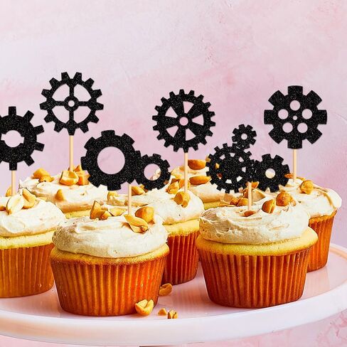 Ercadio 24 Pack Robot Gears Cupcake Toppers Black Cartoon Robot Gears Cupcake Toppers Picks Robot Gear Happy Birthday Cake Decor for Robot Theme Boys Birthday Baby Shower Party Supplies in Kuwait
