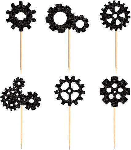Ercadio 24 Pack Robot Gears Cupcake Toppers Black Cartoon Robot Gears Cupcake Toppers Picks Robot Gear Happy Birthday Cake Decor for Robot Theme Boys Birthday Baby Shower Party Supplies in Kuwait