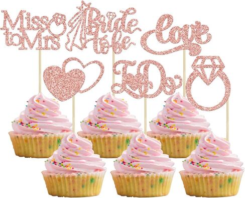 Gyufise 24Pcs Bride to Be Cupcake Toppers Rose Gold Glitter I Do Love Heart Ring Miss To Mrs Cupcake Picks Bridal Shower Cake Decorations for Wedding Engagement Bachelorette Party Supplies in Kuwait