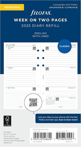 Filofax Calendar Diary Refill, Personal/Compact Size, Week-to-View, White Paper, Ruled, English, 2025 (C68418-25) in Kuwait