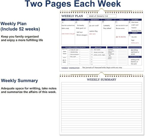 Large Weekly Planner - 17" x 12" Spiral Weekly Calendar, 53 Weekly Goals Schedule Planner for Planning and Organizing Family Activities, Meal Tracker, Undated in Kuwait