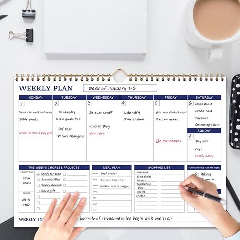 Large Weekly Planner - 17" x 12" Spiral Weekly Calendar, 53 Weekly Goals Schedule Planner for Planning and Organizing Family Activities, Meal Tracker, Undated in Kuwait