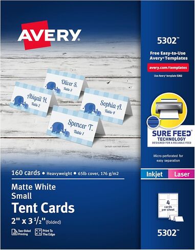 Avery Printable Tent Cards with Sure Feed Technology, 2" x 3.5", White, 160 Blank Place Cards for Laser or Inkjet Printers (5302) in Saudi Arabia
