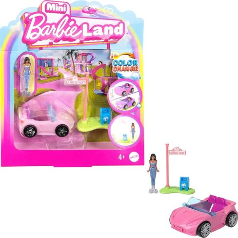 لعبة Barbie Mini Barbieland لعبة مركبة مركبة مع دمية 1.5 بوصة وسيارة قابلة للتحويل مع مفاجأة تغيير الألوان ، بالإضافة إلى ملحقات علامة الشارع in Saudi Arabia