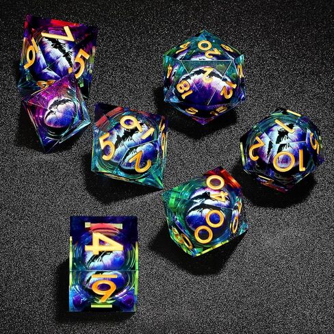 Resin DND Dice Set 7 PCS Dragon Eye Liquid Core Sharp Edges Handmade with Gift Box Ideal for Dungeons and Dragons RPG Gifts (Purple-Blue) in Saudi Arabia