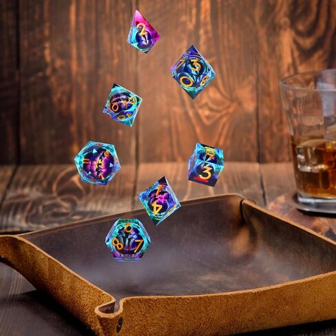 Resin DND Dice Set 7 PCS Dragon Eye Liquid Core Sharp Edges Handmade with Gift Box Ideal for Dungeons and Dragons RPG Gifts (Purple-Blue) in Saudi Arabia