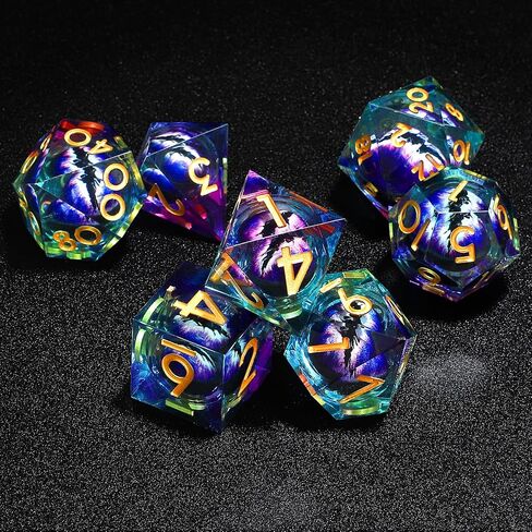 Resin DND Dice Set 7 PCS Dragon Eye Liquid Core Sharp Edges Handmade with Gift Box Ideal for Dungeons and Dragons RPG Gifts (Purple-Blue) in Saudi Arabia