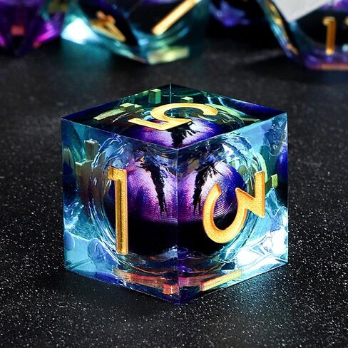 Resin DND Dice Set 7 PCS Dragon Eye Liquid Core Sharp Edges Handmade with Gift Box Ideal for Dungeons and Dragons RPG Gifts (Purple-Blue) in Saudi Arabia