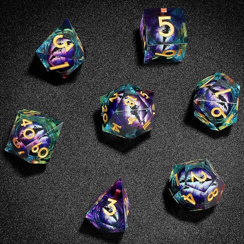 Resin DND Dice Set 7 PCS Dragon Eye Liquid Core Sharp Edges Handmade with Gift Box Ideal for Dungeons and Dragons RPG Gifts (Purple-Blue) in Saudi Arabia