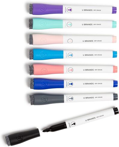 U Brands Fine Tip Dry Erase Markers with Eraser, Whiteboard Markers, Low Odor, Assorted Pastel Colors, Set of 8 in Kuwait