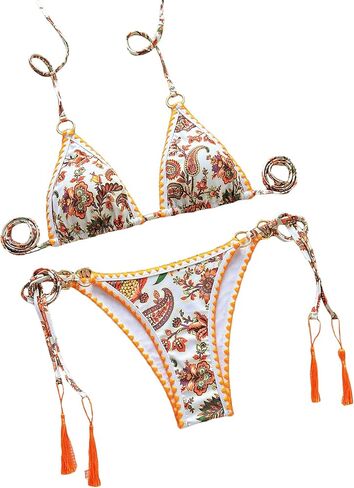 Women's Floral Printed Bathing Suit Halter Paisley Summer Swimsuit Bikinis Set Yellow XS in Kuwait