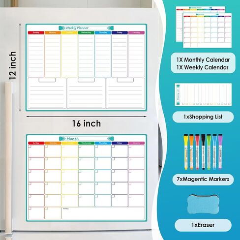 MaxGear Weekly Dry Erase Board for Fridge, Magnetic Calendar Whiteboard Planner for Refrigerator with Stain Resistant Technology, Include 7 Fine Point Markers and 1 Eraser, 16"x12" in Kuwait