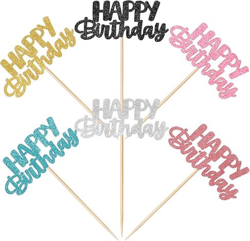 Happy Birthday Cupcake Toppers, 24 Pcs Cute Fashion Glitter Cupcake Picks Six Colors DIY Cake Decorations Supplies for Celebrating Wedding Birthday Party in Kuwait