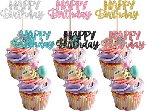 Happy Birthday Cupcake Toppers, 24 Pcs Cute Fashion Glitter Cupcake Picks Six Colors DIY Cake Decorations Supplies for Celebrating Wedding Birthday Party in Kuwait