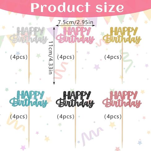 Happy Birthday Cupcake Toppers, 24 Pcs Cute Fashion Glitter Cupcake Picks Six Colors DIY Cake Decorations Supplies for Celebrating Wedding Birthday Party in Kuwait