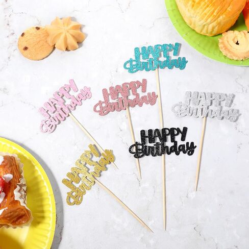 Happy Birthday Cupcake Toppers, 24 Pcs Cute Fashion Glitter Cupcake Picks Six Colors DIY Cake Decorations Supplies for Celebrating Wedding Birthday Party in Kuwait