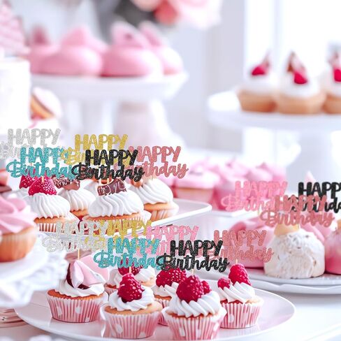 Happy Birthday Cupcake Toppers, 24 Pcs Cute Fashion Glitter Cupcake Picks Six Colors DIY Cake Decorations Supplies for Celebrating Wedding Birthday Party in Kuwait