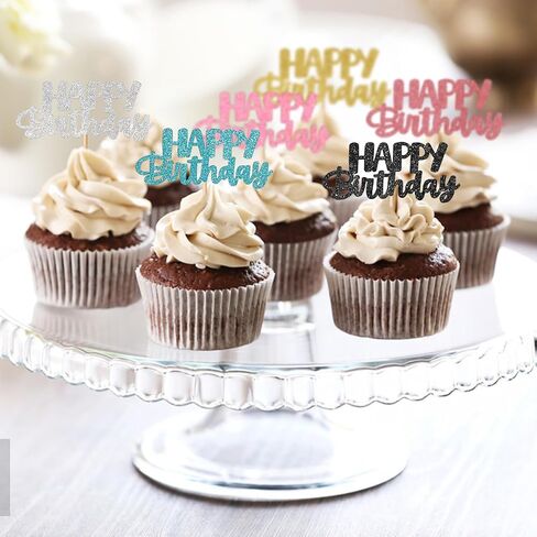 Happy Birthday Cupcake Toppers, 24 Pcs Cute Fashion Glitter Cupcake Picks Six Colors DIY Cake Decorations Supplies for Celebrating Wedding Birthday Party in Kuwait