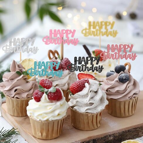 Happy Birthday Cupcake Toppers, 24 Pcs Cute Fashion Glitter Cupcake Picks Six Colors DIY Cake Decorations Supplies for Celebrating Wedding Birthday Party in Kuwait