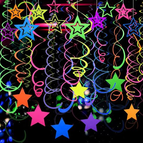 54 Pieces UV Hanging Swirl Paper Neon Star Garlands Neon Streamers Glow Party Supplies and Decorations Black Light Neon Decorations for Dark Glow Party UV Reactive Wedding Birthday Neon Party Favors in Saudi Arabia