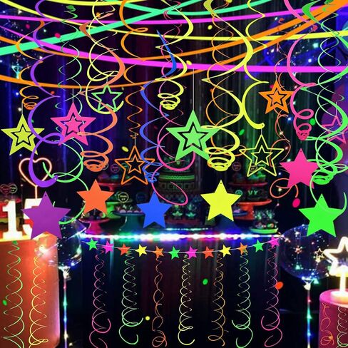 54 Pieces UV Hanging Swirl Paper Neon Star Garlands Neon Streamers Glow Party Supplies and Decorations Black Light Neon Decorations for Dark Glow Party UV Reactive Wedding Birthday Neon Party Favors in Saudi Arabia