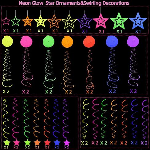54 Pieces UV Hanging Swirl Paper Neon Star Garlands Neon Streamers Glow Party Supplies and Decorations Black Light Neon Decorations for Dark Glow Party UV Reactive Wedding Birthday Neon Party Favors in Saudi Arabia