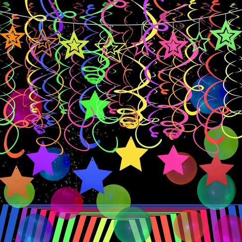 54 Pieces UV Hanging Swirl Paper Neon Star Garlands Neon Streamers Glow Party Supplies and Decorations Black Light Neon Decorations for Dark Glow Party UV Reactive Wedding Birthday Neon Party Favors in Saudi Arabia