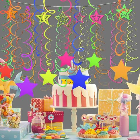 54 Pieces UV Hanging Swirl Paper Neon Star Garlands Neon Streamers Glow Party Supplies and Decorations Black Light Neon Decorations for Dark Glow Party UV Reactive Wedding Birthday Neon Party Favors in Saudi Arabia