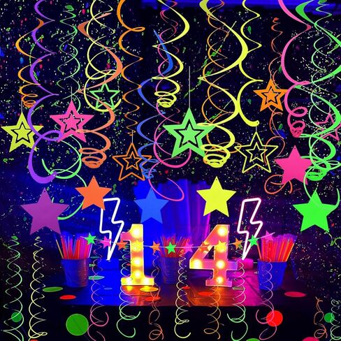 54 Pieces UV Hanging Swirl Paper Neon Star Garlands Neon Streamers Glow Party Supplies and Decorations Black Light Neon Decorations for Dark Glow Party UV Reactive Wedding Birthday Neon Party Favors in Saudi Arabia