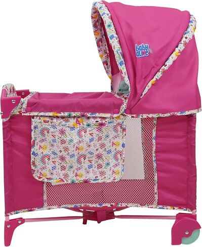 Baby Alive: Deluxe Doll Play Yard - Pink & Rainbow - Fits Dolls Up to 18", Retractable Canopy, Easy Maneuvering, Folds for Travel & Storage, Pretend Play for Kids Ages 3+ in Saudi Arabia