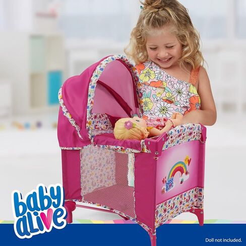 Baby Alive: Deluxe Doll Play Yard - Pink & Rainbow - Fits Dolls Up to 18", Retractable Canopy, Easy Maneuvering, Folds for Travel & Storage, Pretend Play for Kids Ages 3+ in Saudi Arabia