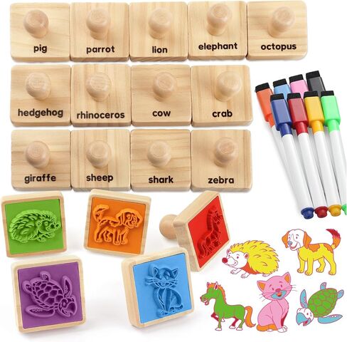 Coogam Wooden Animal Stamps Printing Toy Set, 20pcs Color Shape Stamping for DIY Scrapbook Arts Crafts Supplies Party Favor Toy Gift with Markers Suitable for 3 4 5 Year Old Kids in Kuwait